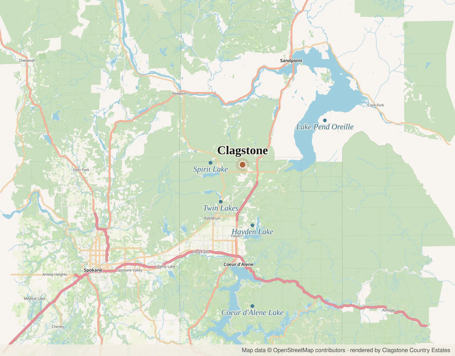 Regional map of the lakes around Clagstone: Pend Oreille, Coeur d'Alene, Hayden, Spirit and Twin Lakes