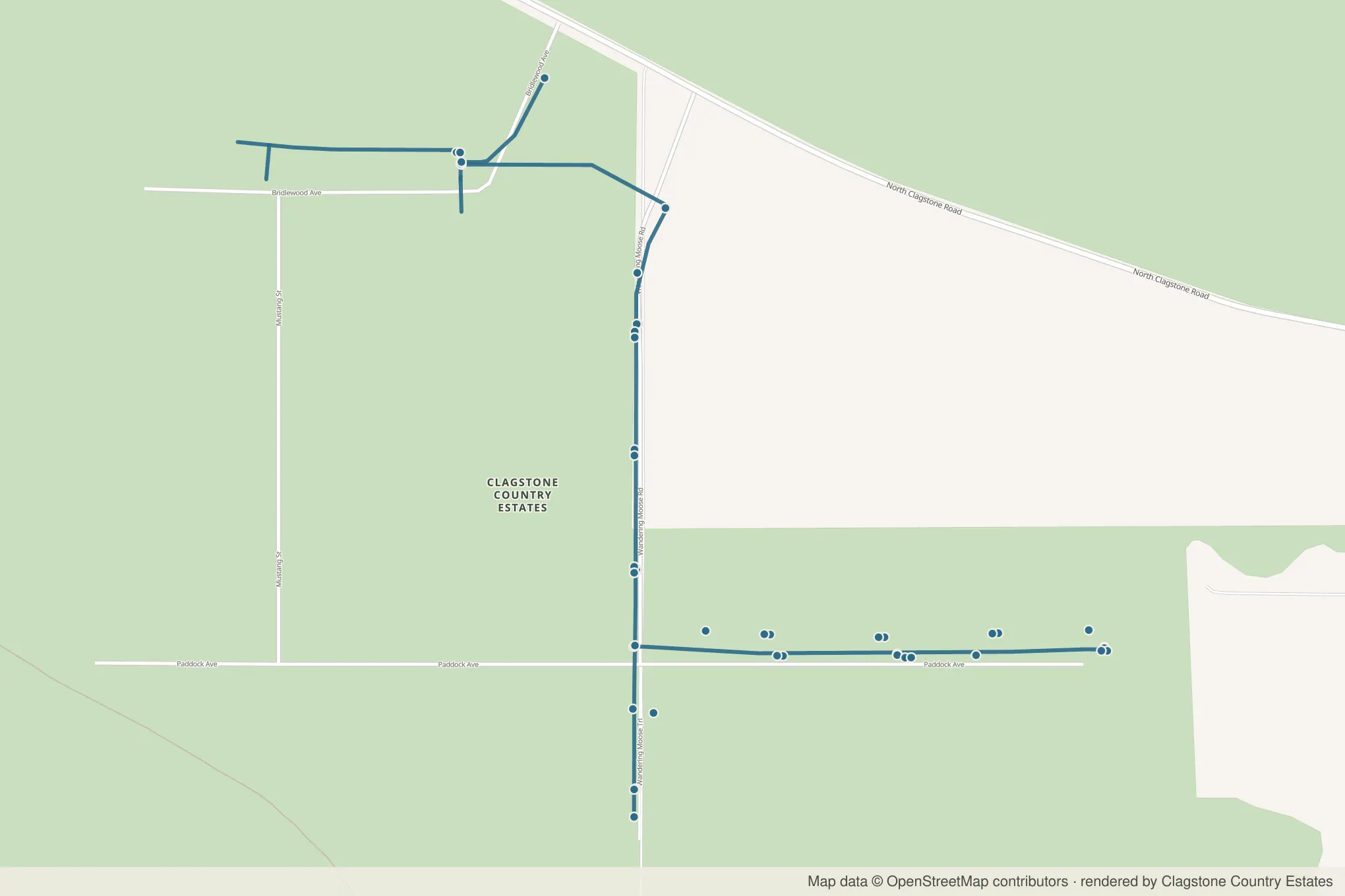 Map of the platted streets with the surveyed water mains drawn along Wandering Moose Road, Paddock Avenue and Bridlewood Avenue, hydrants marked along the lines