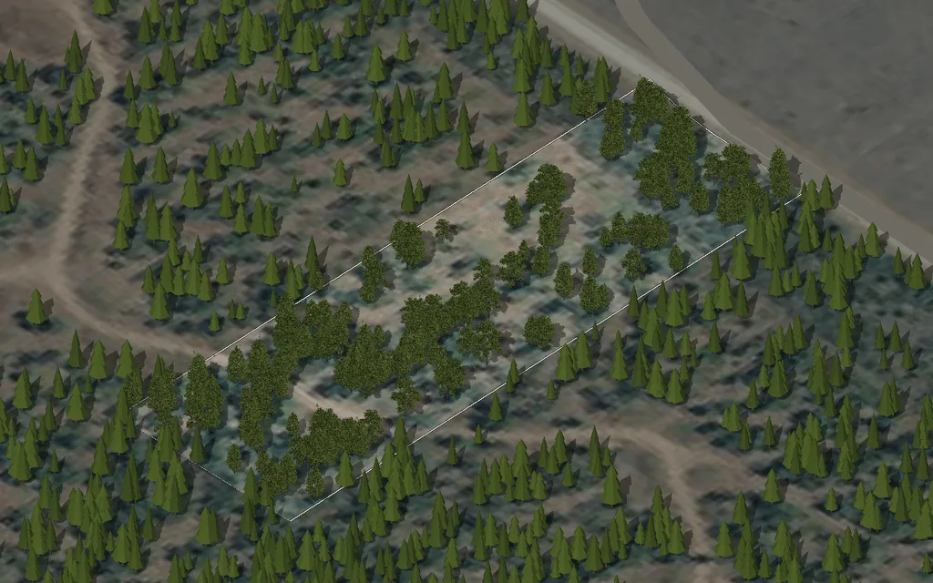 Parcel 31 on Wandering Moose Rd, seen from the south-west over an aerial photograph, with the property line, the road and the nearby utilities drawn in and nothing built on it yet.