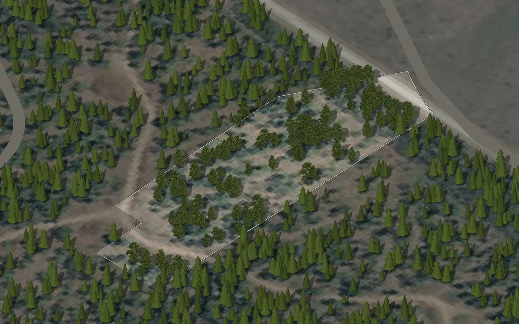 Parcel 32 on Wandering Moose Rd, seen from the south-west over an aerial photograph, with the property line, the road and the nearby utilities drawn in and nothing built on it yet.