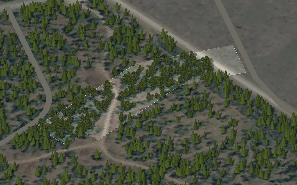 Parcel 33 on Wandering Moose Rd, seen from the south-west over an aerial photograph, with the property line, the road and the nearby utilities drawn in and nothing built on it yet.