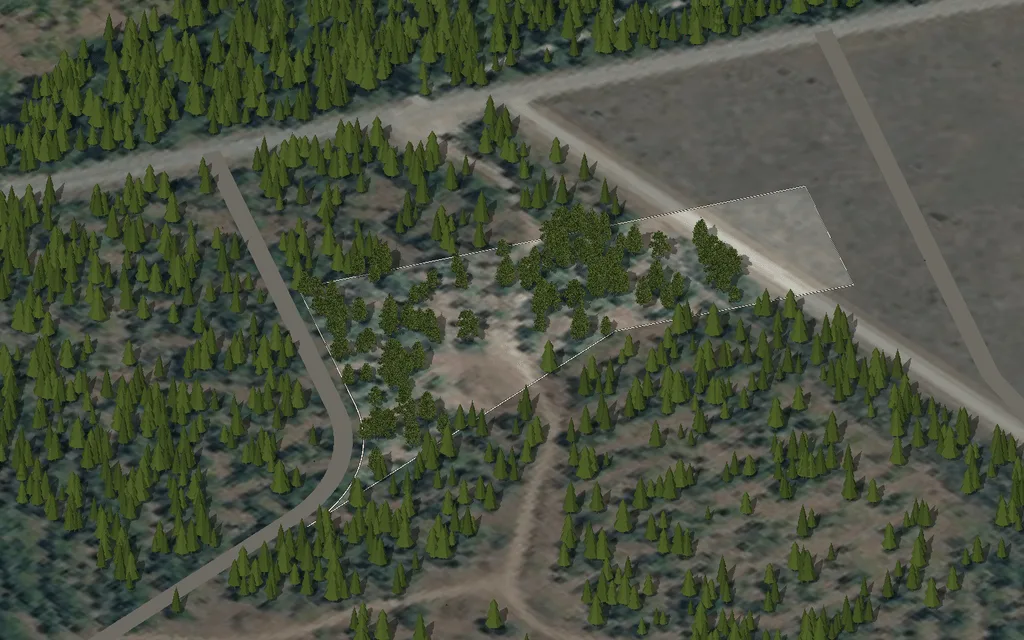 Parcel 34 on Wandering Moose Rd, seen from the south-west over an aerial photograph, with the property line, the road and the nearby utilities drawn in and nothing built on it yet.