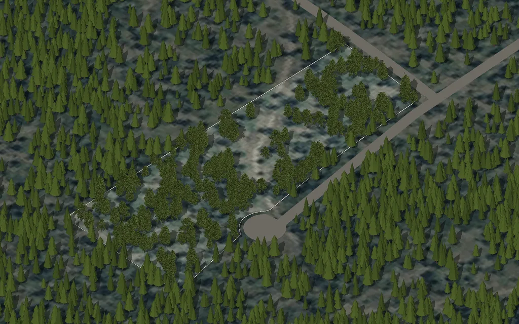 Parcel 44 on Mustang St, seen from the south-west over an aerial photograph, with the property line, the road and the nearby utilities drawn in and nothing built on it yet.